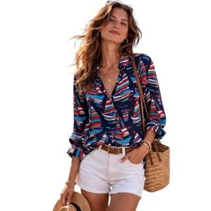 Soft Surroundings Sail Away Nautical Print Long Sleeve Button Down Shirt Medium